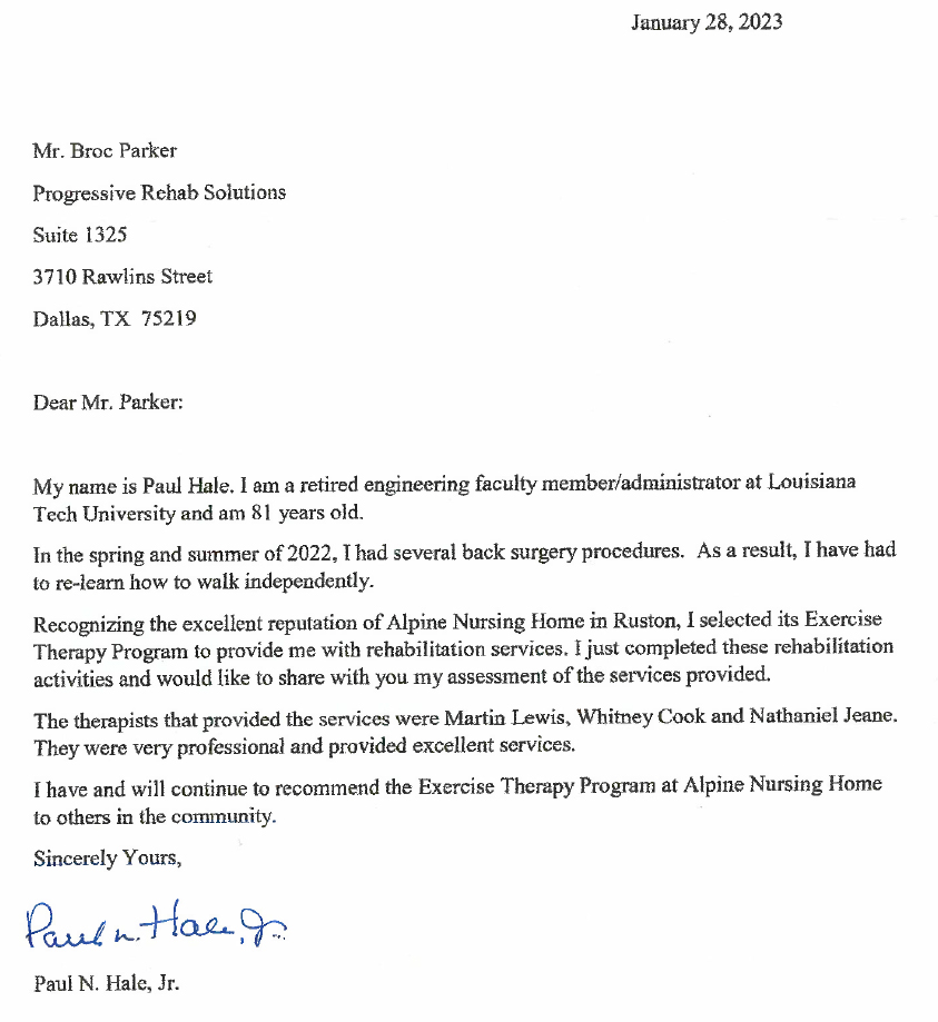 Recommendation letter for Alpine Skilled Nursing and Rehabilitation in Ruston, LA