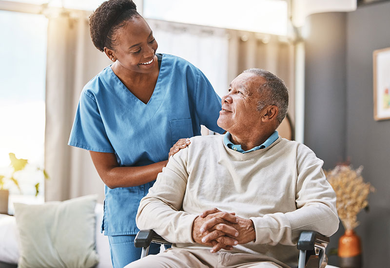 A senior man in a wheelchair receives respite care at a nursing facility in Ruston, LA